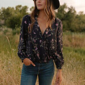 Haute Project Los Angeles Floral Print Blouse Faux Wrap V-neck size XL